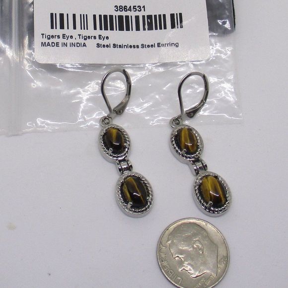 South African Tiger's Eye Dangle Earrings in Stainless Steel 4.60 ctw - Picture 6 of 7